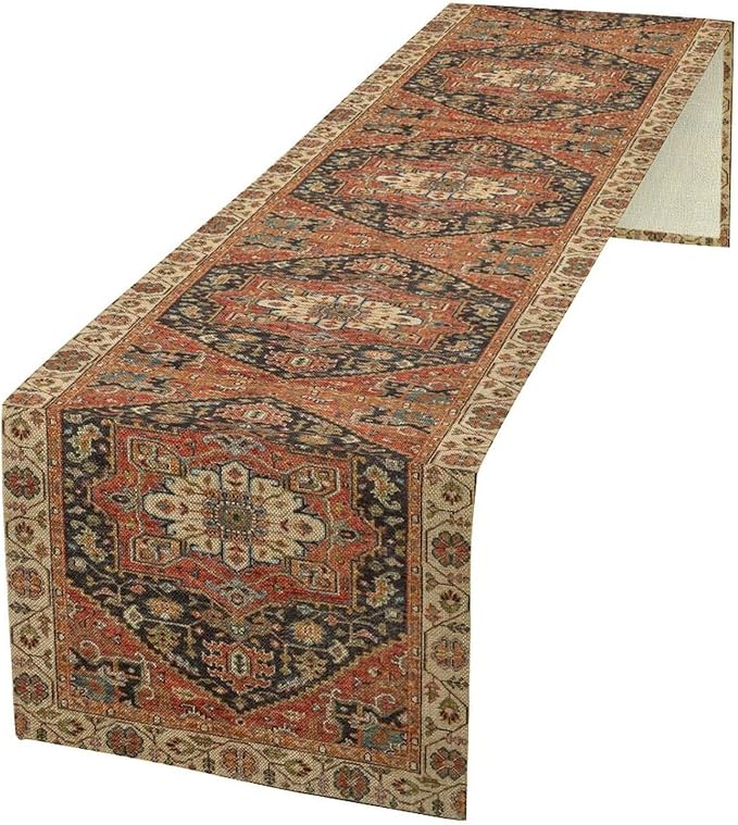 Vintage Boho Floral Table Runner, Rustic Country Farmhouse Orange Black Retro Flower Pattern for Home Kitchen Table Decor Dining Coffee Room Party Decor 13x120in