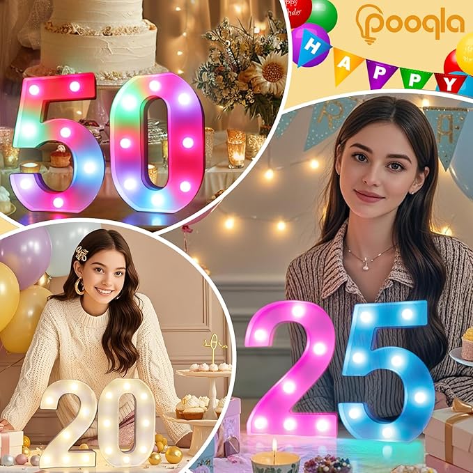 Pooqla 25th Birthday Decorations for Her Him, 35 Colors LED Light Up Numbers with Remote, Multicolor Marquee Numbers for Party Backdrop 25th Anniversary Decor Birthday Gifts for Women, Number 25