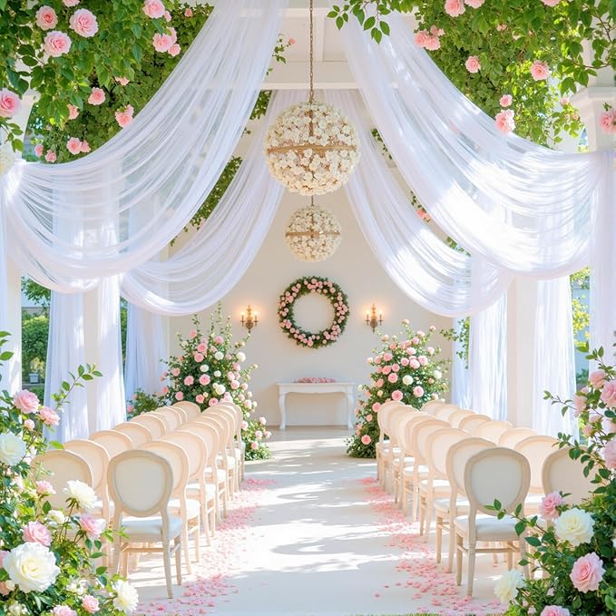 White Arch Draping Fabric for Wedding, 60" x 26Ft Chiffon Drapery Fabric Drapes Backdrop for Wedding Ceremony Baby Shower Bridal Shower Decoration(1 Panel)