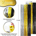 2 Pack Black Gold Silver Foil Fringe Backdrop Curtains, Tinsel Streamers Party Decorations, Fringe Backdrop, Door Shimmer for New Years or Birthday Party
