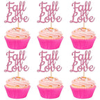 24 PCS Fall in Love Cupcake Toppers Glitter Fall Theme Party Cupcake Picks Bridal Shower Cupcake Decorations for Autumn Wedding Engagement Anniversary Birthday Party Cake Decorations Supplies Pink