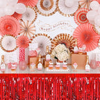 3 Pack 29 x108 Inch Red Foil Fringe Table Skirts Metallic Banner for Tinsel Streamer Garland Backdrop for Parade Floats Mother's Day, Graduate, Birthday, Wedding Party Decoration