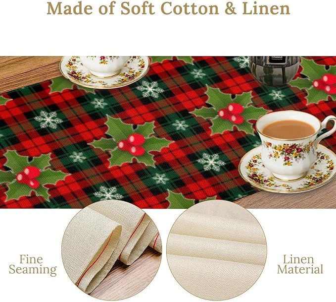 Christmas Table Runner, Red Check Plaid Winter Xmas Holiday Table Cloth Kitchen Dining Table Decoration for Home Party Decor 13x60 Inch