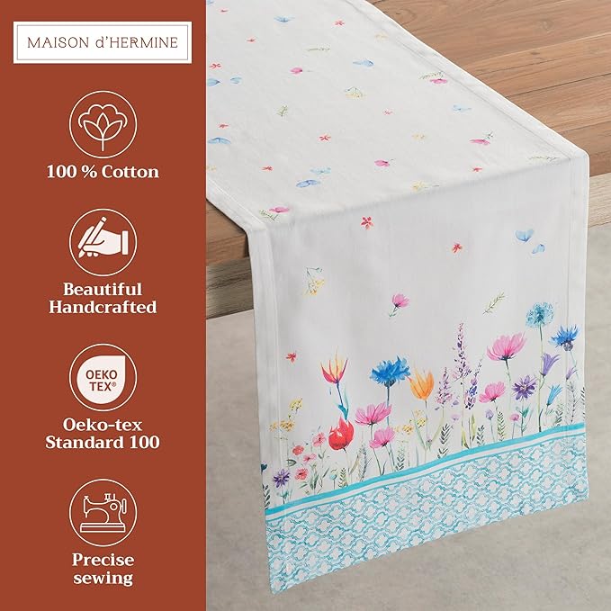 Maison d' Hermine Table Runner 100% Cotton Single Layer Table Runners 72 inches Long Decorative for Home Kitchen Dining Party Wedding Bridal Shower Spring Summer (Flower in The Field, 14.50" x 72")