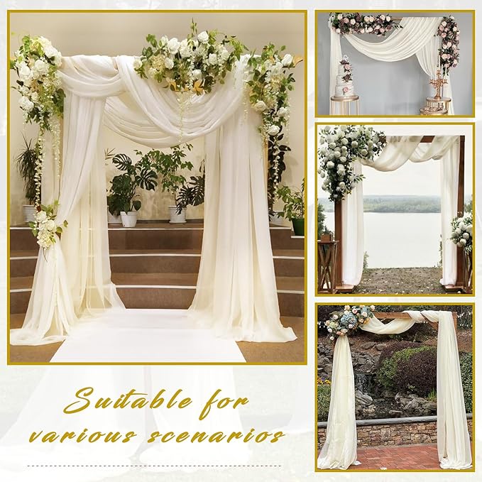 Wedding Arch Draping Fabric 4 Panels 20Ft length x 28" width Ivory Arch Drapes Chiffon Fabric Sheer Curtains Backdrop for Party Bridal Ceremony Ceiling Decor Wedding Stage Reception Decorations