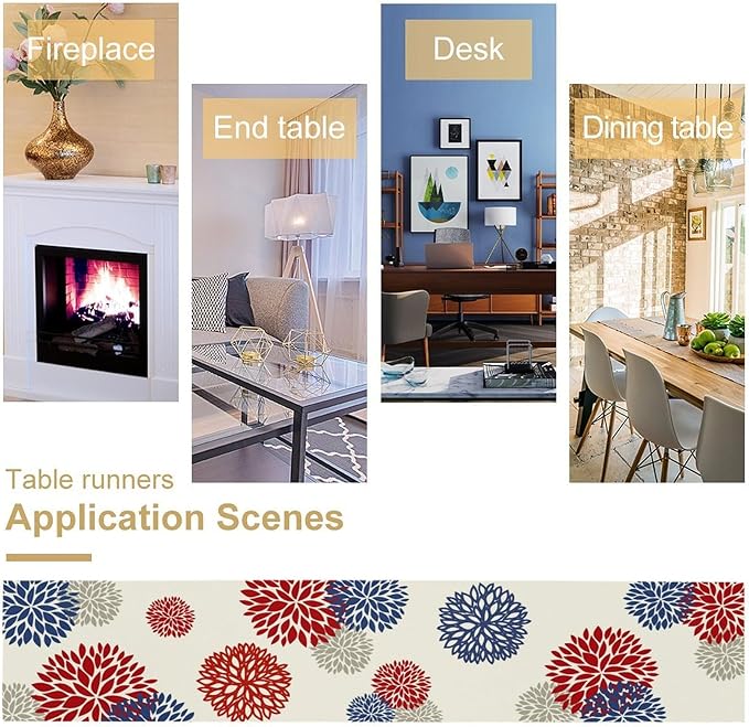 4th of July Table Runner, Blue Red Dahlia Flower American Patriotic Memorial Day Table Runner for Farmhouse Kitchen Dining Table Party Decor, 13x120inch