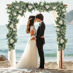 2 Pack 13Ft Artificial Eucalyptus Flower Garland with White Roses, Fake Rose Flower Greenery Garland Floral Vines for Wedding Home Party Table Runner Decor (White)