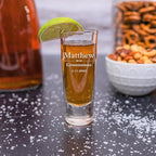 Custom Engraved Shot Glass – 2oz Tall Clear Glass – Personalized Gift for Wedding Party – Classic Etched Barware Keepsake for Groomsmen, Bridesmaids, and More (1)