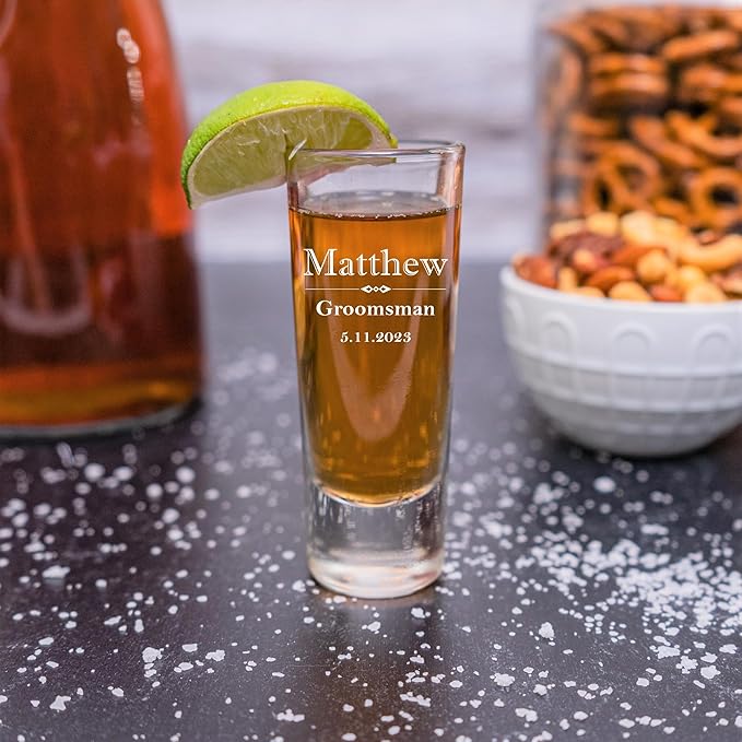 Custom Engraved Shot Glass – 2oz Tall Clear Glass – Personalized Gift for Wedding Party – Classic Etched Barware Keepsake for Groomsmen, Bridesmaids, and More (1)
