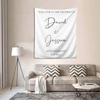 Welcome to Our Wedding Backdrop, Custom Tapestry with Names and Date, Rustic Sign, Personalized Calligraphy Banner for Ceremony, Arch, Reception Let's Celebrate Decor