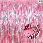 4 Pack Pink Foil Fringe Curtain Backdrop, 3.28Ft x 8.2Ft Metallic Tinsel Foil Fringe Streamer Curtains for Photo Booth Props, Birthday, Wedding, Valentine's Day Decoration Party Supplies New