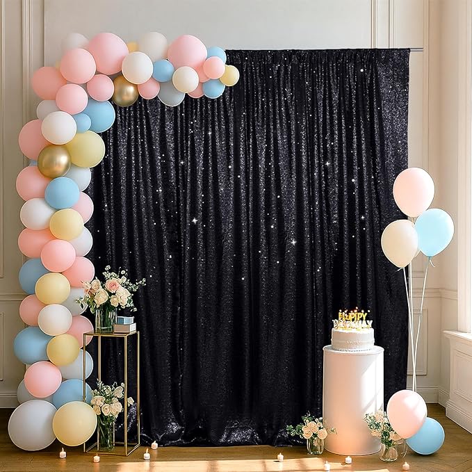 SquarePie Sequin Backdrop Less See Through Background for Wedding Halloween Party 7FT x 7FT Black