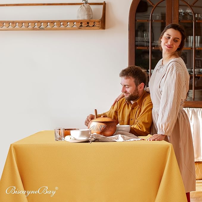 Biscaynebay Fall Tablecloth Textured Fabric Square Tablecloths 70x70'', Fall Gold Thanksgiving Autumn Harvest Water Resistant Fabric Tablecloths for Kitchen, Dining, Wedding, Parties Machine Washable