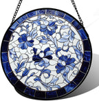 Stained Glass Window Hanging, Blue and White Abstract Flowers Sun Catcher for Door Home Decor Suncatcher Christmas Mother's Day Birthday Gifts for Women Men Mom and Nana 15 in