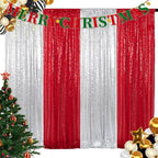 ShinyBeauty 4 Panels Sequin Photo Backdrop 2FTx8FT Red & Silver Curtains Sparkle Background for Birthday, Wedding, Party, Christmas Decorations