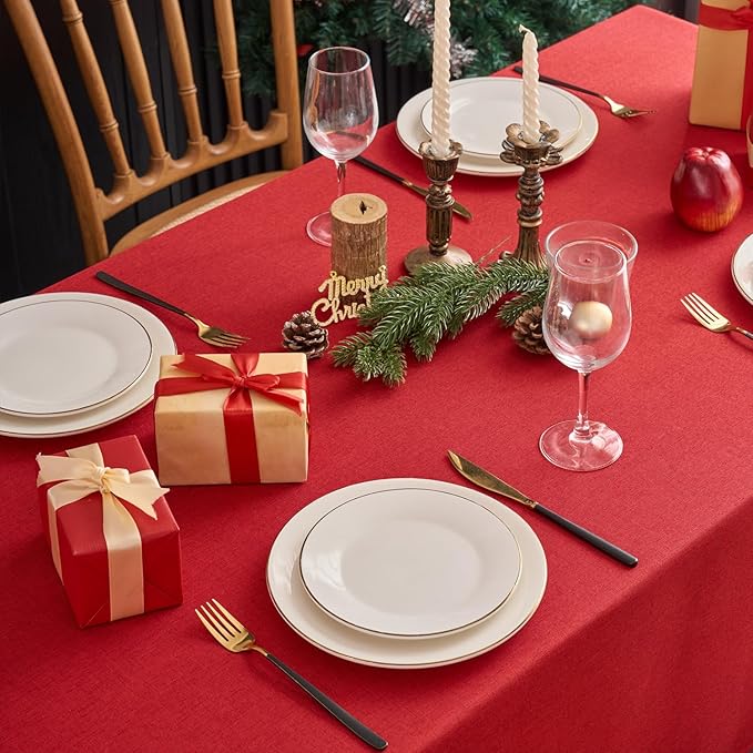 NLMUVW Red Linen Tablecloth Rectangle, Christmas Table Cloth Water Resistant Textured Table Cover for Kitchen Dining Coffee Party, 54 x 84 Inch