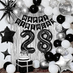 28th Birthday Decorations for Men Women, Black Silver Happy Birthday Party Decorations， 28 Year Old Party Supplies with Number 28 Balloons, Banner, Fringe Curtains Kit