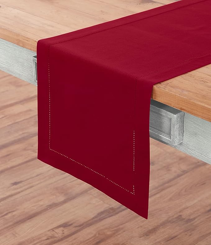 Solino Home Red Hemstitch Table Runner 48 Inches - Cotton Linen Small Table Runner 14 x 48 Inch Ideal for Dresser and Coffee Tables - Fall, Autumn, Halloween, Christmas, Holiday