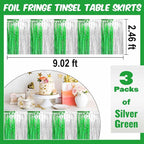3 Pack 29 x108 Inch Silver Green Foil Fringe Table Skirts Metallic Banner for Tinsel Streamer Garland Backdrop for Parade Floats Mother's Day, Graduate, Birthday, Wedding Party Decoration