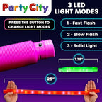 Party City 12pk LED Light Up Pop Tubes 25”- 3 Mode Stretchy Tubes LED Light Up Toys Bulk Glow Sticks Party Favors for Kids Necklaces Bracelets Neon Glow in the Dark Supplies Fidget Sensory Tube Pack