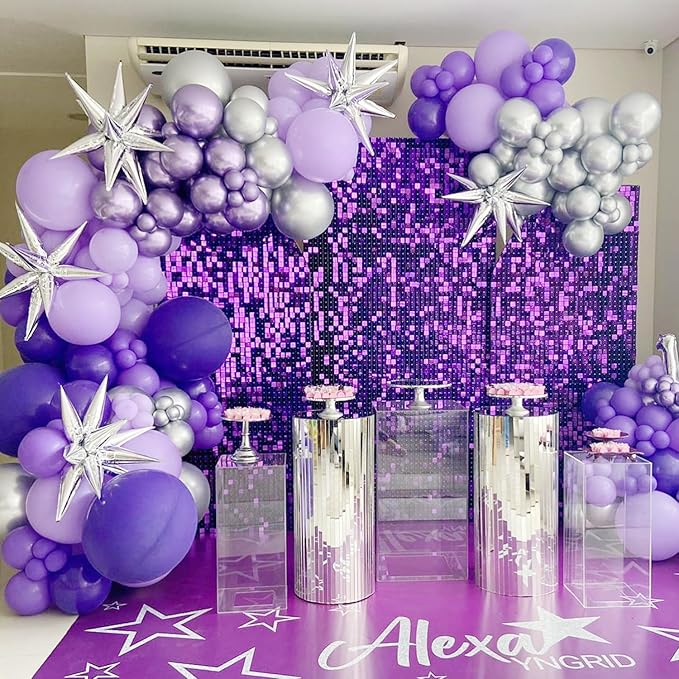 Qcity Purple Shimmer Wall Backdrop 30PCS, Black Back Not See-Through Design, Square Sequin Glitter Backdrop Panel, Perfect for Outdoor Events, Birthdays, Wedding and Party Decoration