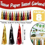 8P Black-Red Gold Foil Fringe Metallic Tassel Garland, Tassels Banner Streamers for Parade Floats, Bachelorette, Wedding, Birthday, Halloween, Christmas, Bridal/Baby Shower Party Decorations