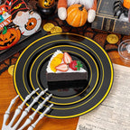 350 Pieces Black and Gold Plastic Plates with Disposable Silverware, Include 50 Dinner Plates 9”, 50 Dessert Plates 6.3”, 50 Black Cups 9 OZ, 50 Pre Rolled Napkins for Halloween new year