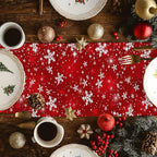 Christmas Snowflakes Cotton Linen Table Runner for Dining Kitchen, Red Xmas Winter Snow Wedding Outdoor Party Tablerunners Decoration, New Year Dresser Scarf Coffee Tablecloth Runners 13x90 Inches