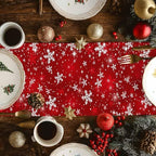 Christmas Snowflakes Cotton Linen Table Runner for Dining Kitchen, Red Xmas Winter Snow Wedding Outdoor Party Tablerunners Decoration, New Year Dresser Scarf Coffee Tablecloth Runners 13x48 Inches