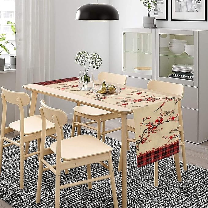 Bird Table Runner,Red Black Buffalo Plaid Blossom Seasonal Table Runner for Kitchen Dining Table Decoration Home Party Decor 13x60 Inch