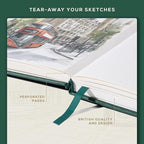 Beechmore Books A4 Sketchbook – 8.5x11 Premium Vegan Leather Bound Large Sketch Book Hardcover with 156 Thick 160gsm Perforated Ivory Pages, Blank Sketch Pad, Gift Boxed, Back Pocket, Ribbon Bookmark