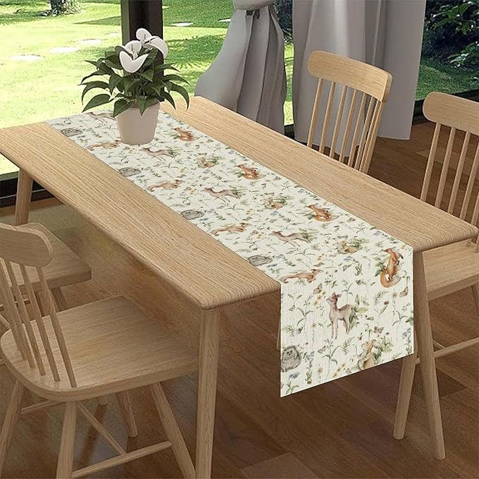 Rustic Woodland Table Runner, Farmhouse Forest Animals Country Lodge Wild Hunt Deer Fox Table Center Decor for Home Kitchen Dining Patio Holiday Party Indoor Outdoor Table Decorations, 13"x90" Inch