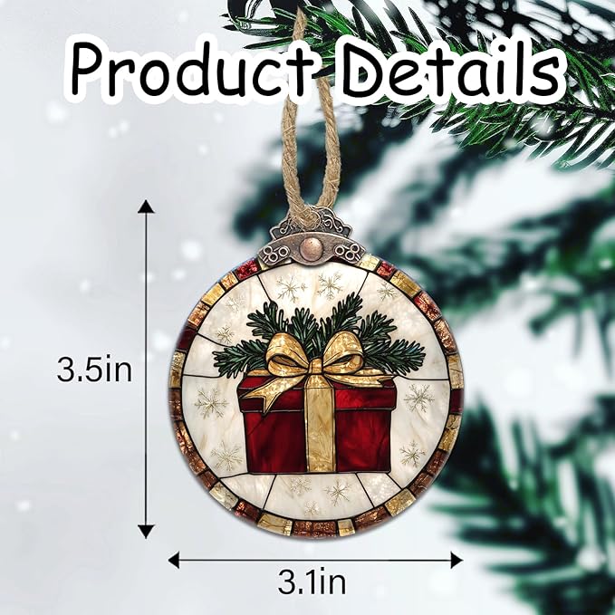 Stained Glass Christmas Decorations, Red Gift with Gold Ribbon Suncatcher for Window Christmas Tree Hanging Ornaments Retro White Sun Catcher Xmas Decor Gifts for Women Men Mom Nana Friend