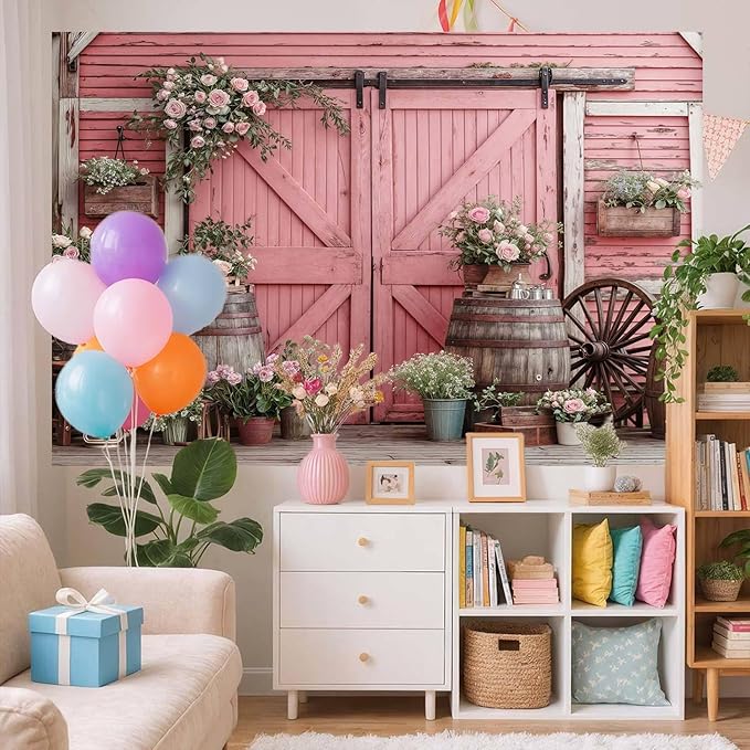 5x3ft Country Wedding Pink Photography Backdrop Rustic Wooden Barn Door Photography Backdrop Farmhouse Flower Western Girl Birthday Baby Shower Wedding Bridal Party Banner Photo Booth Props Background