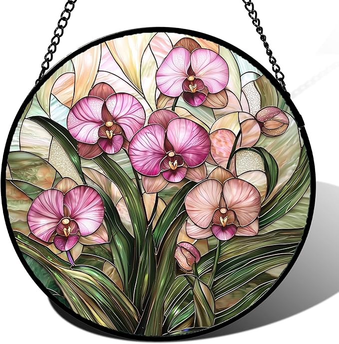 Stained Glass Window Hanging - Pink Phalaenopsis Orchid Green Leaves Sun Catcher for Door Home Decor Flower Suncatcher Christmas Mother's Day Birthday Gifts for Women Men Mom Nana 11.8 in