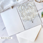 Hosmsua 5.12 x 7.3 Inch 50pcs Silver Laser Cut Lace Flora Wedding Invitation Cards with Rhinestone and Envelopes Customized Printed Invitations for Bridal Shower Quinceañera Wedding Invite