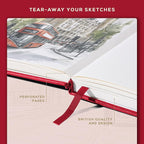 Beechmore Books A4 Sketchbook – 8.5x11 Premium Vegan Leather Bound Large Sketch Book Hardcover with 156 Thick 160gsm Perforated Ivory Pages, Blank Sketch Pad, Gift Boxed, Back Pocket, Ribbon Bookmark