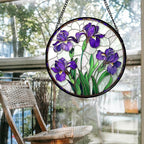 Stained Glass Window Hanging - Purple Iris Flower Sun Catcher for Door Terrace Garden Home Decor, Green Plants Suncatcher Birthday Gifts for Lovers Women Men Dad Mom Nana 9.8 in