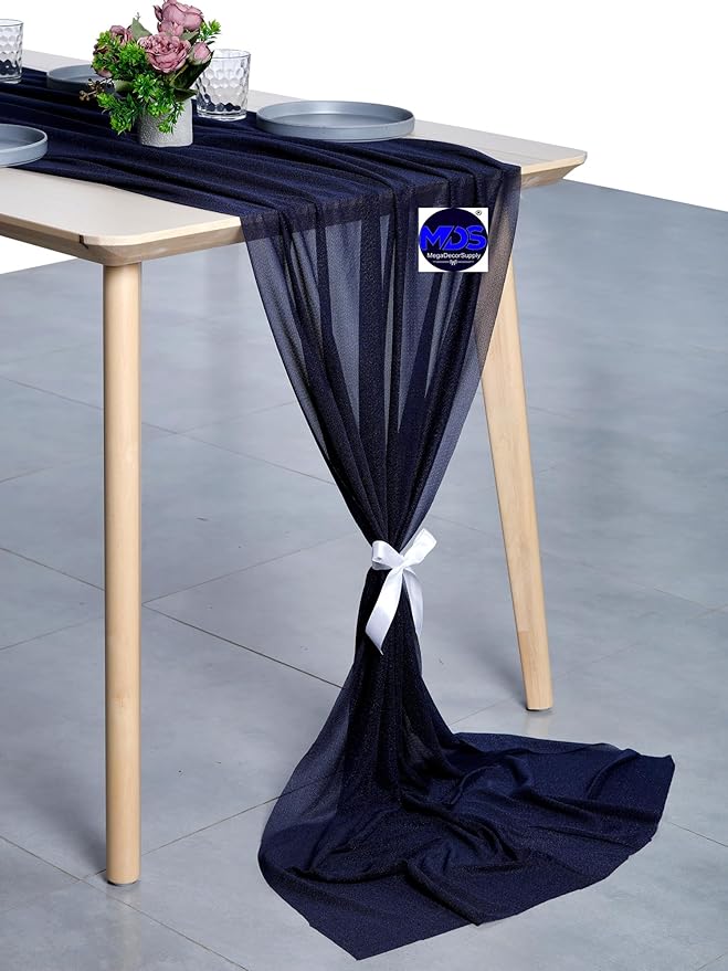 MDS Halloween Chiffon Table Runner - 25 Pack, 29 x 170 Inches, 14ft Each - Sheer Spooky Table Runners for Haunted House Parties, Trick-or-Treat Tables, Witchy Décor, Wedding & Events - Navy Blue