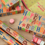 LaRibbons Birthday Wrapping Paper Roll for Kids, 17 Inch x 16.5 Feet Kraft Gift Wrap Paper with Colorful Text Happy Birthday Pattern for Boys Holiday Party