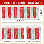 6 Pack 29 x108 Inch Red Silver Wave Foil Fringe Table Skirts Metallic Banner for Tinsel Streamer Garland Backdrop for Parade Floats, Mother's Day, Easter, Wedding, Birthday Party Decoration