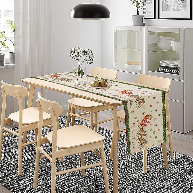 Christmas Table Runner,Xmas Deer Cute Santa Claus Red Plaid Pattern Printed Tablecloth Burlap for Hotel Indoors Outdoor Dining Room Kitchen Home Decor,W13X L80 in