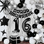16th Birthday Decorations for Boys Girls, Black Silver Happy Birthday Party Decorations， 16 Year Old Party Supplies with Number 16 Balloons, Banner, Fringe Curtains Kit