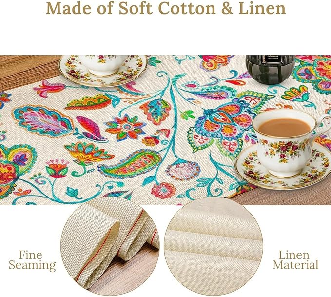 Paisley Table Runner, Watercolor Floral Oriental Indian Traditional Tulips Leaves Bohemian Paisley Print Table Runner for Kitchen Dining Tables Party Decor, 13x70inch