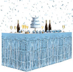 8 Pack Light Blue Table Skirts, 29x108" Metallic Foil Tinsel Fringe Table Skirts for Rectangle Tables Streamer Curtains Backdrop, Party Decorations for Birthdays Weddings Holidays