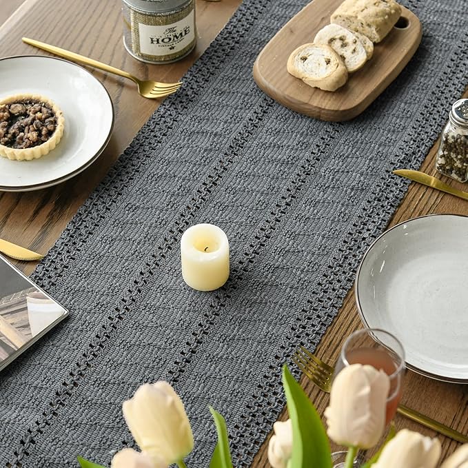 Artoid Mode Dark Grey Farmhouse Woven Rustic Hollow Table Runner, Seasonal Holiday Hollow Kitchen Dining Table Decoration for Home Party Decor 12x48 Inch