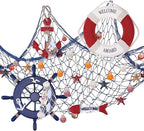 Marsui 11 Pcs Wooden Nautical Wall Decor Fishing Net Decoration, Include Decorative Fishing Net, Ship wheel, Fish Skeleton, Life Ring, Anchor, Starfish Beach Decor for Mediterranean Party (Retro Red)