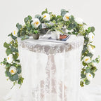 2 Pack 12Ft Artificial Eucalyptus Flower Garland with White Roses, Fake Flowers Greenery Garland Flower Vines for Wedding Party Mantle Table Runner Spring Summer Home Decor (2PCS,White