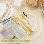 200PCS Clear Gold Plastic Plates Set, 100 10.25 inch Dinner Plates and 100 7.5 inch Dessert Plates, Disposable Plates for Party, Wedding