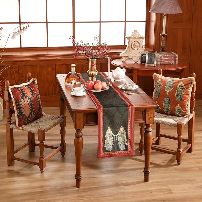 patdrea Designer Mysterious Oil Painting Figures Velvet Table Runner, Brown Green with Palm Frond Pattern Table Mat, Decoration for Kitchen Dining Coffee Table Cabinet Banquet Thanksgiving,12"*102"